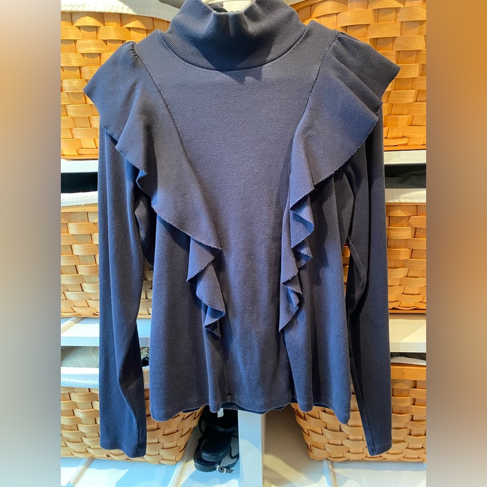 Veronica Beard Ruffled Long Sleeve Top - Dark Blue
